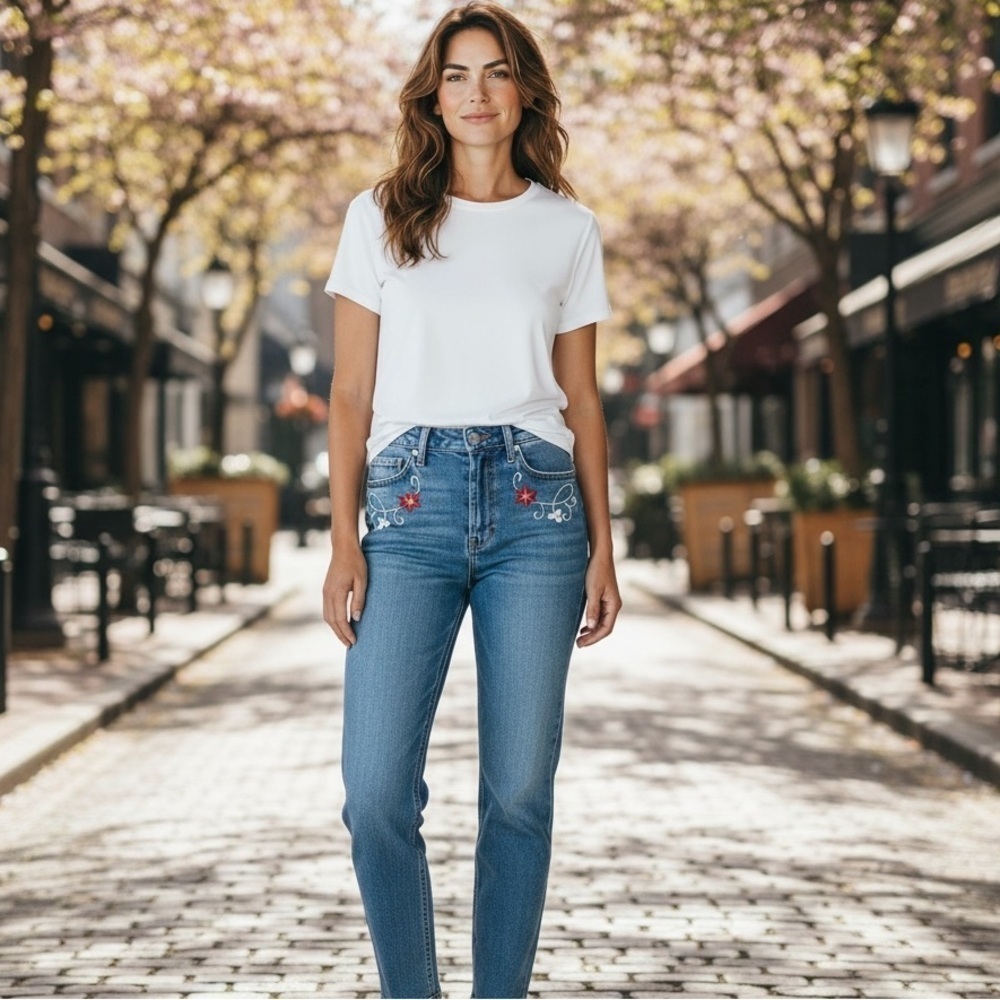 Driftwood Floral Embroidered Skinny Jeans 27 blue